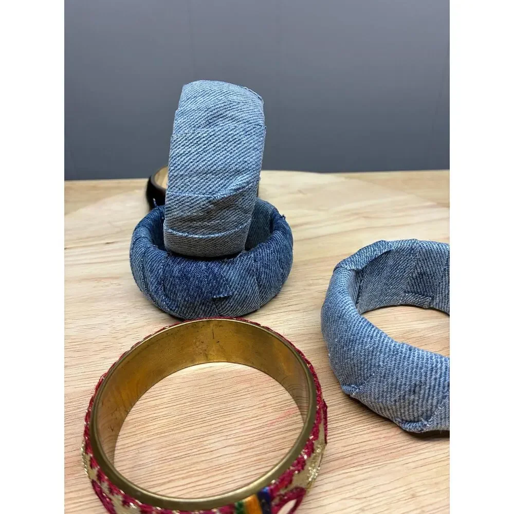 Upcycled Bangle Bracelet Set – Denim Wrapped, Embroidered, and Faux Fur